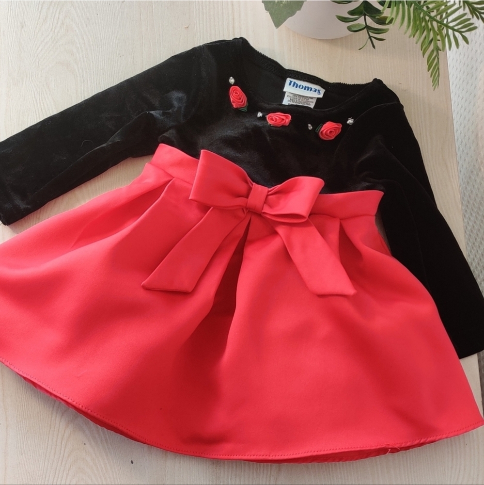 Thomas Infant Black Velvet Top and Red Satiny Skirt Dress Size 3/6 Months